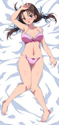 1girls absurdres ahoge arm_up armpits bare_arms bare_legs barefoot bed_sheet blush bow bra breasts breasts_apart brown_eyes brown_hair collarbone commentary_request commission dakimakura_(medium) eggman_(pixiv28975023) feet female full_body hair_ribbon highres knees_together_feet_apart looking_at_viewer low_twintails lying medium_breasts navel oerba_yun_fang on_back open_mouth original panties pink_bra pink_panties ribbon solo thighs tied_hair toes twintails underwear