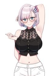 armpit armpits blush clothed glasses hololive hololive_indonesia hololive_indonesia_holoro large_breasts midriff pavolia_reine render short_hair transparent_png virtual_youtuber zedxxx