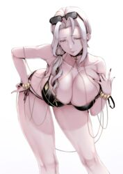 areola_slip areolae bare_shoulders bent_over bikini black_bikini black_nails bracelet breasts carmilla_(fate) carmilla_(swimsuit_rider) choker cleavage closed_mouth collarbone cross cross_choker curvy earrings eyewear_on_head fate/grand_order fate_(series) female fingernails hand_on_hip hand_on_own_chest highres huge_breasts jewelry leaning_forward lips long_fingernails long_hair low-tied_long_hair nail_polish nakamura_regura seductive_smile sex_slave side-tie_bikini sidelocks silver_hair smile solo standing sunglasses swimsuit thighs yellow_eyes