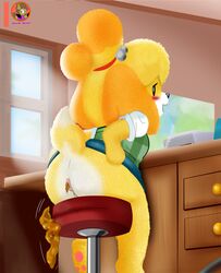 absurd_res animal_crossing anthro anus canid canine canis clothing domestic_dog feces female hi_res isabelle_(animal_crossing) looking_back mammal moon_pearl nintendo office raised_tail scat skirt smile solo succubi_samus video_games