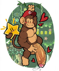 anthro balls big_penis blush clothing genitals gesture haplorhine hat headgear headwear heart hexdisciple hi_res huge_cock humanoid_genitalia humanoid_penis hyper hyper_genitalia hyper_penis male mammal mario_(series) monkey muscular muscular_male nintendo pecs penis primate smile solo star ukiki v_sign video_games vines yoshi's_island