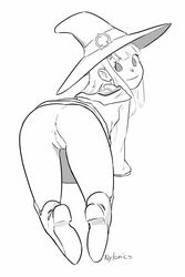 1girls 2021 akko_kagari anus artist_name ass black_and_white female female_focus female_only little_witch_academia looking_back monochrome no_panties nylonics smile witch_hat