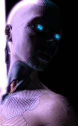 1girls 3d blue_eyes close-up female female_only glowing_eyes large_breasts pinup robot robot_girl robot_humanoid schrai slushe_(website) solo solo_female