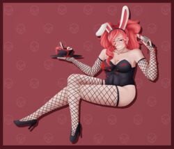 black_eyes blood bunny_ears bunny_girl bunnysuit danganronpa danganronpa:_despair_time fanganronpa fishnet_gloves fishnet_stockings fishnets gloves grebenshchikova_veronika high_heels knife red_hair smooth_skin twintails white_streak