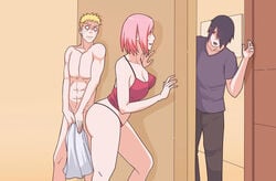 1girls 2boys against_wall almost_caught big_ass big_breasts big_butt black_eyes black_hair blank_eyes blonde_hair bob_cut boruto:_naruto_next_generations breasts bubble_ass bubble_butt cheating cheating_wife cleavage completely_naked completely_nude completely_nude_male couple covering covering_crotch cuckold curvaceous curvy curvy_figure doorway female g-string hair_over_one_eye hiding husband_and_wife indoors indrockz indy_riquez interrupted large_ass large_breasts light-skinned_female light-skinned_male light_skin lingerie male mature mature_female medium_breasts milf multiple_boys naked naruto naruto_(series) nervous netorare ntr nude nude_male pale-skinned_female pale-skinned_male pale_skin panties pink_hair red_panties red_thong sakura_haruno sasuke_uchiha shoulder_length_hair shounen_jump sleeveless sleeveless_shirt standing sweat talking tank_top thick_thighs thighs thong towel uzumaki_naruto whisker_markings whiskers wide_hips yellow_hair