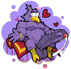 anklet anthro avian big_penis bird bodily_fluids bracelet corvid corvus_(genus) crow genital_fluids genitals heart hexdisciple hi_res huge_cock humanoid_genitalia humanoid_penis hyper hyper_genitalia hyper_penis jewelry magic_carpet male mario_(series) muscular muscular_male nintendo oscine passerine pecs penis pidgit precum screencap screencap_background smile solo super_mario_bros._2 video_games