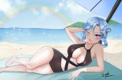 beach black_swimsuit blue_hair chiebukuro_setsuka danganronpa danganronpa_another fanganronpa one_eye_closed purple_eyes sdra2 smile smooth_skin super_danganronpa_another_2 swimsuit