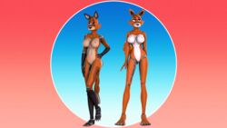 2019 3d 3d_(artwork) absurd_res animatronic anthro blue_background breasts canid canine clitoris digital_media_(artwork) duo fan_character female five_nights_at_freddy's fox foxy_(fnaf) front_view genitals gold97fox gradient_background hand_on_hip hi_res machine mammal navel nipples nude pussy red_background robot rule_63 simple_background standing video_games