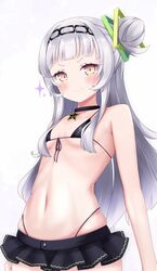 bikini blush choker flat_chest hair_bun hair_ornament hairband hololive hololive_gen_2 hololive_japan long_hair looking_at_viewer mesugaki micro_bikini microskirt midriff miniskirt murasaki_shion pettanko pokopoko silver_hair skirt small_breasts smile smug swimsuit virtual_youtuber yellow_eyes