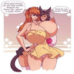 2021 2girls alternate_breast_size areolae asuka_langley_sohryu big_nipples breast_grab breasts breasts_bigger_than_head cat_ears catgirl clothing color dialogue dress erect_nipples eye_patch female female_only gigantic_breasts groping huge_breasts large_breasts looking_at_viewer n647 neon_genesis_evangelion nipple_bulge nipple_tweak nipples orange_hair panties pantyshot scarlett_(super_spartan) skirt sleeveless_dress slit_pupils speech_bubble stockings sundress tail text thick_thighs thin_waist voluptuous wide_hips yellow_dress