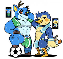 2021 2boys abs ace_(animal_crossing) animal_crossing anthro avian ball bam_(animal_crossing) bara big_bulge big_muscles bird bodily_fluids bulge cervid clothing detailed_bulge duo gay gay_male genital_outline hexdisciple huge_bulge jockstrap male male/male male_only mammal muscular muscular_male nintendo pecs penis_outline pubes smile soccer_ball sweat tennis_racket towel underwear video_games