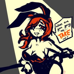 bunny_ears bunny_girl bunnysuit cleavage danganronpa danganronpa_f_shattered_hope fanganronpa female large_breasts orange_eyes orange_hair scarlet_(danganronpa_f_shattered_hope) smooth_skin text