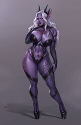 1girls akira_raikou black_lipstick dark_elf drow huge_ass huge_breasts lipstick long_ears long_fingernails original original_character painted_nails platform_heels purple_skin red_eyes tagme tattoo white_hair wide_hips