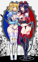 2girls arm_belt arm_garter ass bad_id bad_pixiv_id belt black_gloves black_hair blonde_hair blue_eyes blue_gloves blue_hair boots breast_press breasts collar corset covered_erect_nipples cross-laced_footwear elbow_gloves garter_straps gloves high_heel_boots high_heels holding_hands interlocked_fingers large_breasts lingerie long_hair matsurika_youko multicolored_hair multiple_girls original own_hands_together panties pink_hair puffy_sleeves purple_hair red_eyes sailor_collar school_uniform shoes string_bikini string_panties thigh_boots thighhighs thighhighs_under_boots thong twintails two-tone_hair underwear whip