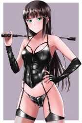 1girls bdsm beauty_mark black_hair black_panties breasts butt corset dominatrix elbow_gloves female female_only fingerless_gloves fishnet_thighhighs fishnets garter_straps gloves green_eyes hand_on_hip holding_riding_crop kurosawa_dia leather leather_clothing long_hair looking_at_viewer love_live! love_live!_sunshine!! medium_breasts momotasuusagi momotasuusagi painted_fingernails panties riding_crop tagme thighs whip x_hair_ornament