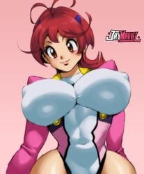 1girls anna_aoi aoi_anna big_breasts blush breasts clothed eye_contact female female_only fully_clothed jay-marvel large_breasts leotard looking_at_viewer red_eyes red_hair shinkon_gattai_godannar!! smile solo standing tight_clothing upper_body wide_hips