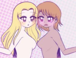 2girls blonde_hair blue_eyes blush danganronpa danganronpa_another fanganronpa long_hair magorobi_emma makunouchi_hajime multiple_girls nude red_eyes rule_63 sdra2 short_hair straight_hair super_danganronpa_another_2