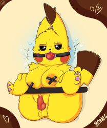 1futa anthro ball_gag balls big_breasts bigbonesart cosplay_pikachu electricity fur furry futa_only futanari gag gagged knot legs_up light_skin nintendo penis pikachu pokemon pokephilia self_upload tape taped_nipples yellow_fur