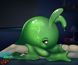 <3_eyes 2d bedroom bodily_fluids cum cum_in_goo cum_inside detailed_background duo faceless_character faceless_male female genital_fluids genitals goo_creature green_body heart human human_penetrating inside interspecies male male/female mammal original_character penetration penis sex slime slime_penetrated the_crab_mage translucent translucent_body