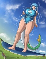 2021 alternate_costume bare_legs blue_hair blue_swimsuit breasts commission dragon_tail fire_emblem fire_emblem:_the_blazing_blade giantess growing growth huge_breasts magnaprospekt ninian_(fire_emblem) nintendo one-piece_swimsuit red_eyes shocked swimsuit thick thick_thighs thighs