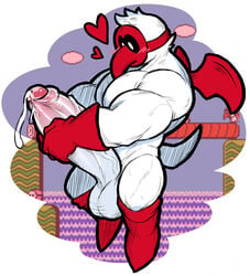 1boy 2_hearts anthro avian balls bara big_penis bird blush bodily_fluids boots clothing footwear gay gay_male genital_fluids genitals gloves handwear heart hexdisciple hi_res huge_cock humanoid_genitalia humanoid_penis hyper hyper_genitalia hyper_penis male mario_(series) mask muscular muscular_male nintendo pecs penis precum screencap screencap_background solo super_mario_bros._2 tweeter video_games wings