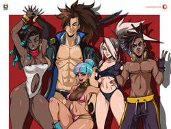 2boys 3girls akali armpits bikini bikini_bottom bikini_top black_hair blue_hair brown_hair brown_skin collar da_đen dark-skinned_female dark-skinned_male dreadlocks ear_piercing earrings ekko gloves headphones kyoffie league_of_legends one-piece_swimsuit pink_hair qiyana_yunalai riot_games scarf senna_(league_of_legends) swimsuit swimwear tongue_out true_damage_akali true_damage_ekko true_damage_qiyana true_damage_senna true_damage_series true_damage_yasuo two_tone_hair white_hair yasuo