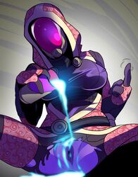 alien_girl artist_request bodysuit helmet hood mask mass_effect pouring_on_self pouring_onto_pussy purple_skin pussy quarian spread_legs tali'zorah_nar_rayya torn_clothes