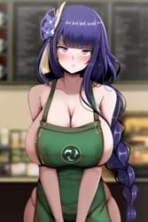 1girls 2021 apron apron_only arms_in_front artist_signature astraea_(atelierastraea) barely_clothed barely_contained barista beauty_mark blush braided_hair breasts cleavage embarrassed female female_focus female_only genshin_impact green_apron hair_ornament hi_res hips huge_breasts iced_latte_with_breast_milk indoors lactation lactation_through_clothes lactation_without_expressing long_hair looking_at_viewer meme mole_under_eye naked_apron pouting purple_eyes purple_hair raiden_shogun sideboob slim_waist starbucks very_high_resolution very_long_hair wide_hips