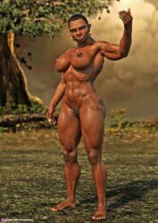 1girls 3d abs black_hair dark-skinned_female dark_skin depth_of_field earrings extreme_muscles fantasy female female_only hoop_earrings huge_breasts looking_at_viewer muscular muscular_female necklace necrophage nude nude_female orc orc_female outdoor outdoor_nudity outdoors outside pinup pubic_hair red_eyes slushe_(website) solo solo_female standing tusks