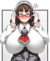 bangs big_breasts blush brown_hair detached_sleeves enormous_breasts female female_only frown fully_clothed glasses headgear headwear huge_breasts kantai_collection looking_at_viewer red_glasses roma_(kantai_collection) ryuun_(stiil) solo sweatdrop upper_body wavy_hair yellow_eyes