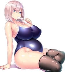 1girls big_breasts blue_eyes breasts cleavage eating erect_nipples female female_only food hairclip hamakaze_(kantai_collection) hips huge_breasts ice_cream kantai_collection large_breasts navel one-piece_swimsuit popsicle pregnant school_swimsuit sexually_suggestive short_hair silver_hair skin_tight solo sweat swimsuit thick_thighs thighhighs thighs third-party_edit tsukumiya_amane voluptuous white_background wide_hips