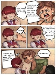 big_ass big_breasts big_butt brown_hair cj_(detnox) comic comic_page detnox dialogue eastern_style english_text karen karen_(meme) karen_(sketchyboi08) red_hair sketchyboi08 sweating tagme text