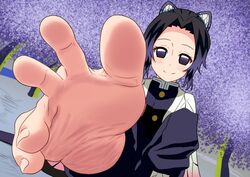 barefoot barefoot_under_trousers black_hair blushed_soles butterfly_hair_ornament close-up demon_slayer feet female female_only flexible_toes foot_fetish foot_focus fully_clothed haori kimetsu_no_yaiba kochou_shinobu looking_at_viewer meaty_soles nush_advance pov_feet purple_eyes smile soles solo spread_toes toe_spread toes toes_v_sign two_tone_hair uniform wisteria_(flower) wrinkled_feet wrinkled_soles