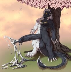 1boy 4_toes 5_fingers abs absurd_res anthro balls ballsack biceps big_balls big_penis biped black_cum black_fur black_sclera body_fur cherry_blossom cherry_tree claws colored_cum cum cum_drip cum_on_ground cum_strand cum_string dangling_testicles detailed_background digital_media_(artwork) digitigrade dragon ejaculation erection excessive_cum feet finger_claws fingers foreskin foreskin_folds front_view fruit_tree full-length_portrait furred_dragon genitals glistening glistening_balls glistening_genitalia glistening_penis glowing glowing_eyes grass hands-free hi_res horns huge_balls huge_cock humanoid_genitalia humanoid_hands humanoid_penis intact jewelry kenjiii long_hair_male long_penis long_tail low_hanging_balls male male_only mane monotone_hair muscles muscular_anthro muscular_male necklace nude_male orgasm outside pecs penis plant portrait quads retracted_foreskin scalie scrotum smooth_fur snout solo spontaneous_ejaculation standing tail_mane tail_tuft testicles three-quarter_view toe_claws toes tree two_tone_balls two_tone_cum two_tone_fur two_tone_penis two_tone_tail uncut unusual_cum veiny_penis western_dragon white_claws white_fur white_hair wingless_dragon yellow_eyes