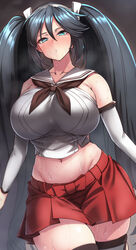 bare_shoulders big_breasts black_hair blue_eyes blush crop_top curvaceous curvy detached_sleeves eastern_style elbow_gloves female female_only hair_ribbon hairband hairbow hakama_skirt heart-shaped_pupils hi_res huge_breasts isuzu_(kantai_collection) kantai_collection long_hair looking_at_viewer miniskirt ryuun_(stiil) sailor_collar sideboob sleeveless_shirt solo sweat thick_thighs thighhighs twintails very_long_hair white_armwear white_shirt wide_hips