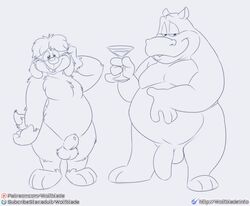 animal_genitalia animaniacs anthro balls canid canine canis common_hippopotamus domestic_dog duo flavio_hippo genitals hippopotamid male mammal monochrome overweight penis runt_(animaniacs) sheath warner_brothers wolfblade