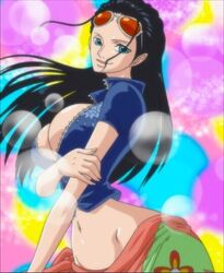 arm_support artist_request big_breasts black_hair blue_eyes cleavage eastern_style eyewear_on_head female female_only long_hair nico_robin no_panties one_piece sunglasses_on_head