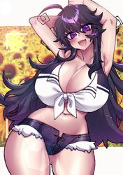 1girls bangs big_ass big_breasts blush breasts cleavage cleavage_cutout clothed crawling_dreams large_breasts long_hair looking_at_viewer merryweather navel nyarla_(crawling_dreams) nyarla_(osiimi) open_mouth osiimi pale-skinned_female pale_skin purple_eyes purple_hair thick thick_thighs thighs