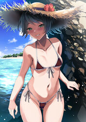 beach bikini black_hair blush detailed_background female female_only green_eyes highleg_bikini kantai_collection kyougoku_shin looking_at_viewer mogami_(kantai_collection) navel outside red_bikini short_hair side-tie_bikini small_breasts smile solo straw_hat sun_hat swimsuit wide_hips