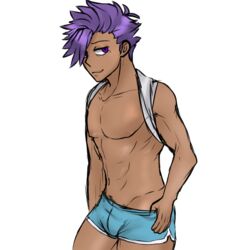 1boy abs artist_request boxers brave_danganronpa:_coward's_paradise brown_skin danganronpa fanganronpa makishima_kazuya male male_only male_stripper melanin muscles muscular muscular_male purple_eyes purple_hair shorts smooth_skin solo_male tan_skin topless_male undressing