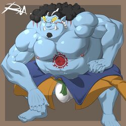 2021 anthro belly blue_body bulge clothing fish-men_(one_piece) flaccid genital_outline hi_res jinbe male male_only marine moobs muscular muscular_male nipples one_piece overweight overweight_male penis_outline reclamon solo solo_male tattoo underwear