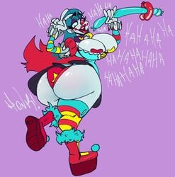 big_ass clown clown_girl clown_makeup dildo huge_ass huge_breasts laugh looking_at_viewer looking_back o_n3il oc peace_sign thighhighs