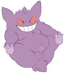 anthro anus ass balls belly flaccid foreskin gengar genitals grin hi_res male male_focus male_only navel nintendo nipples penis pokémon_(species) pokemon purple_body red_eyes slightly_chubby smile solo solo_male tbid video_games white_background