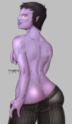 ass black_hair glowing_eyes looking_at_viewer looking_back mass_effect pointy_ears purple_skin quarian short_hair taking_clothes_off tali'zorah_nar_rayya tharrek thick_ass thick_thighs thighs