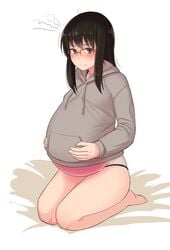 angry barefoot black_hair blush cute fake_belly fake_pregnancy female female_only frown glasses hands_on_belly holding_belly hoodie huge_belly kneeling long_hair looking_at_viewer original pregnant pretending ready_to_pop sitting small_breasts solo stretch_marks taji_(crowview)