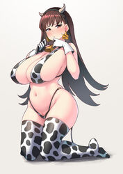 bangs big_breasts bikini blush brown_eyes brown_hair cleavage cow_bikini cow_horns cow_print cow_print_thighhighs curvaceous curvy ear_tag earrings female female_only gloves hairband highleg_bikini huge_breasts kantai_collection kneeling long_hair looking_at_viewer ooi_(kantai_collection) pussy_peek ryuun_(stiil) sideboob sweatdrop thick_thighs thighhighs voluptuous white_gloves wide_hips zettai_ryouiki