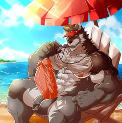 2020 5_fingers absurd_res anthro balls barazoku beach beach_umbrella big_balls big_muscles big_penis black_nose bottomless canid canine canis chest_tuft clothed clothing daikitei enigma_(daltenigma) erection fingers foreskin fur genitals grey_body grey_fur hat headgear headwear hi_res huge_cock huge_muscles humanoid_hands lifeguard looking_at_viewer male male_focus male_only mammal muscular muscular_anthro muscular_male nipples partially_retracted_foreskin penis pink_nipples pink_penis seaside sitting solo solo_male topless tuft vein veiny_penis visor_cap water whistle wolf yellow_eyes