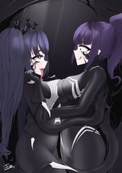 ahe_gao big_breasts black_hair bodysuit corruption hug inou inou_(artist) inou_radiant latex latex_gloves latex_suit marvel marvel_comics neptunia_(series) noire original_character pink_eyes purple_hair shiny spider-man_(series) symbiote tagme tentacle tongue_out venom venom_(marvel)