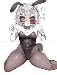 alternate_costume bunny_girl bunnysuit cameltoe crying cute demon_slayer facial_markings female female_only fishnet_stockings horns kimetsu_no_yaiba mukago oni_horns red_sclera silver_eyes sitting solo trembling wariza