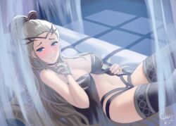 1girls alternate_costume bare_thighs black_headband black_panties black_thighhighs blue_eyes blush breasts ciderwrath cleavage closed_mouth commentary commission eir_(fire_emblem) english_commentary female female_only fire_emblem fire_emblem_heroes forehead grey_hair headband jewelry lingerie long_hair looking_at_viewer lying medium_breasts navel nintendo nipple_slip nipples on_bed panties ponytail ring signature smile solo stomach thighhighs thighs underwear very_long_hair wedding_band wedding_ring wife